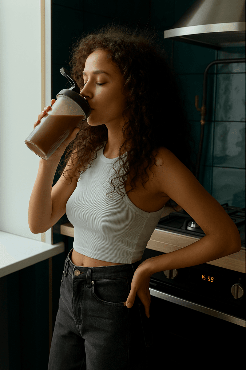 Woman drinking The Daily Shake